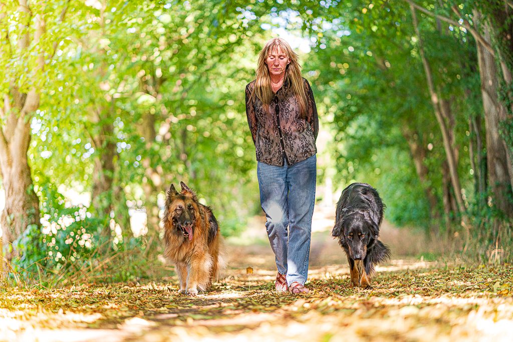 Woman walking two assistance dogs along a forest path in natural sunlight
